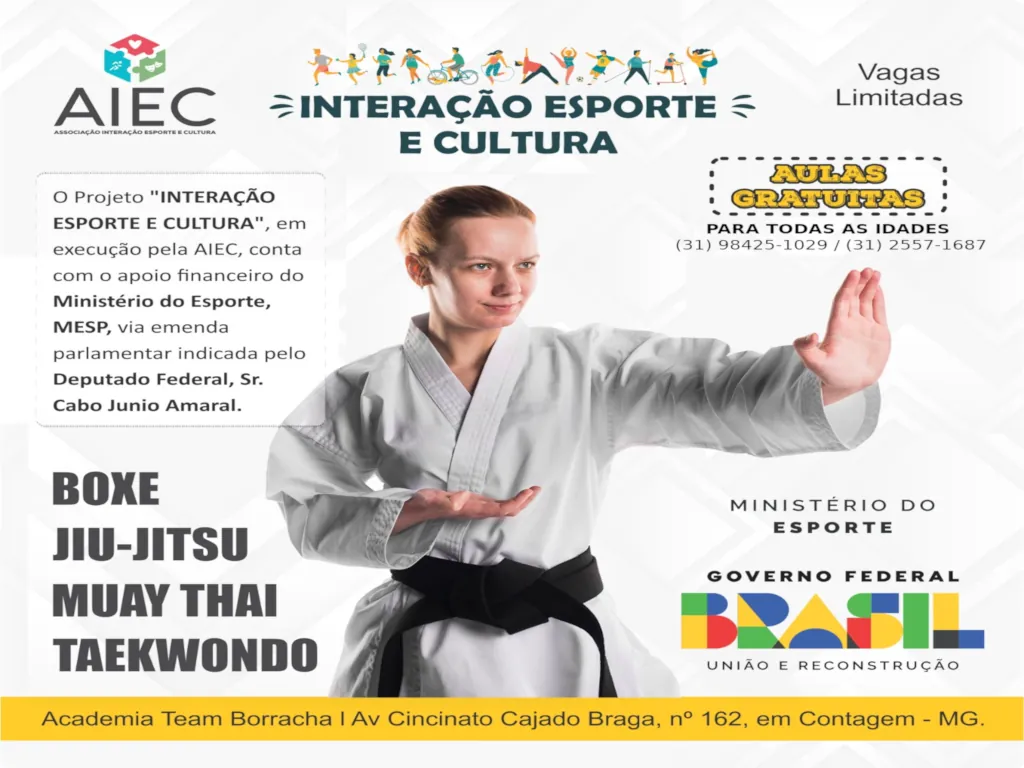 Cartaz do Projeto Interação Esporte e Cultura com as modalidades Boxe, Jiu-Jitsu, Muay Thai e Taekwondo